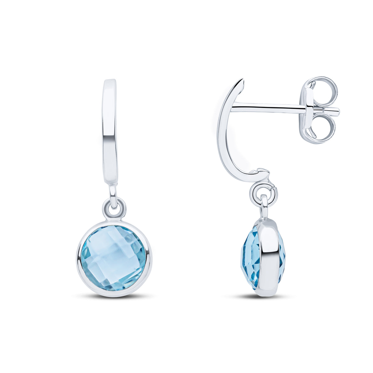 9CT WG CURVED BAR TOP WITH CHECKERBOARD CUT ROUND BLUE TOPAZ SPEC SET DROP EARRINGS