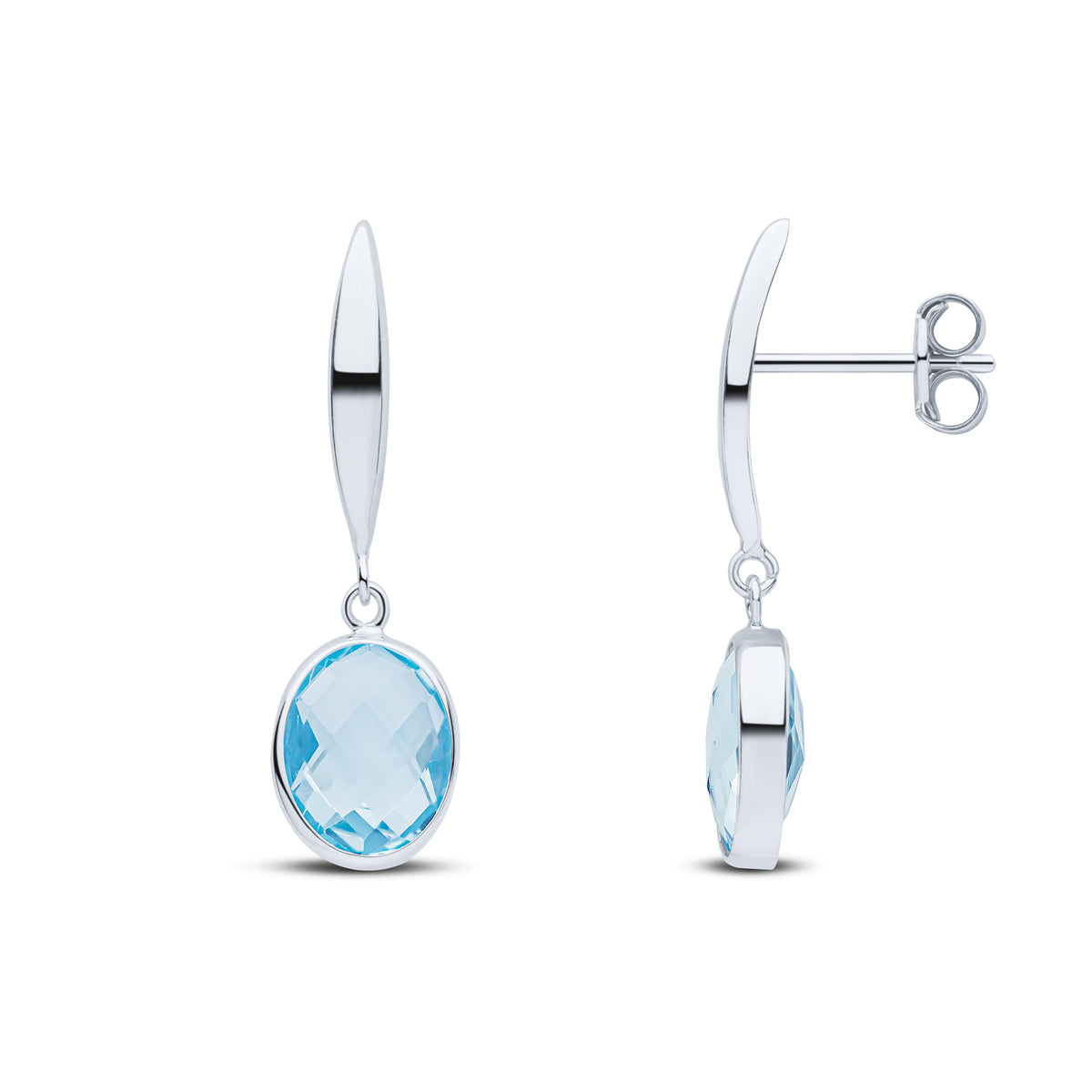 9CT WG POLISHED MARQUISE BAR TOP WITH CHECKERBOARD CUT OVAL BLUE TOPAZ DROP EARRINGS