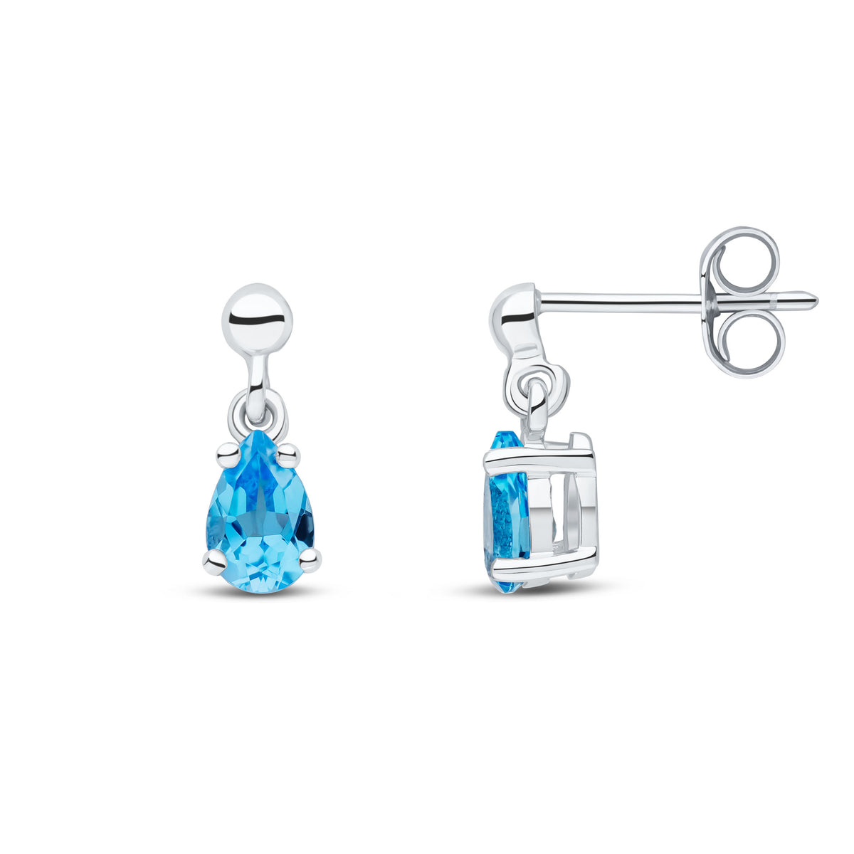 9CT WG 6X4 PEARSHAPE SWISS BLUE TOPAZ CLAW SET DROP EARRINGS WITH BEAD STUD TOP