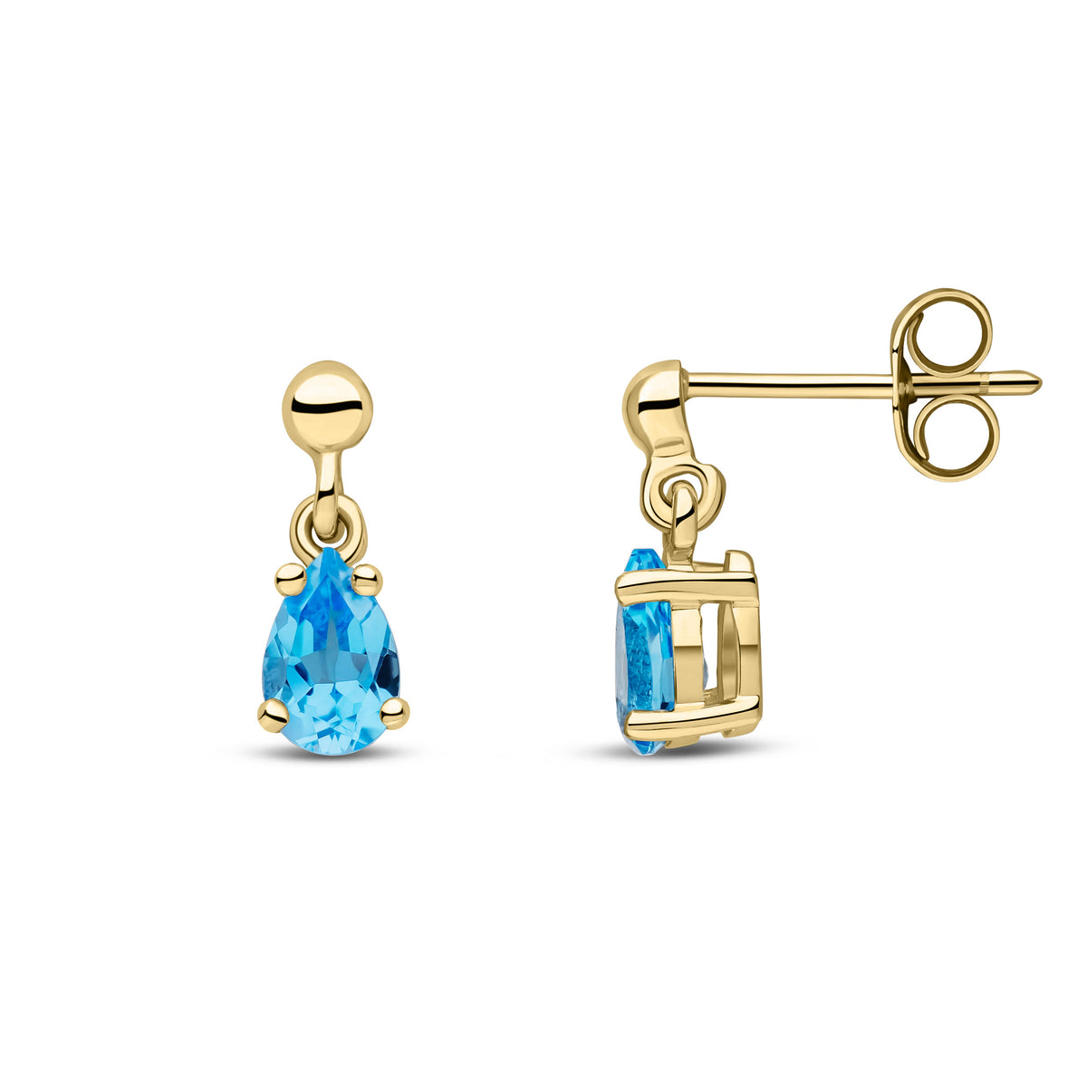 9CT YG 6X4 PEARSHAPE SWISS BLUE TOPAZ CLAW SET DROP EARRINGS WITH BEAD STUD TOP