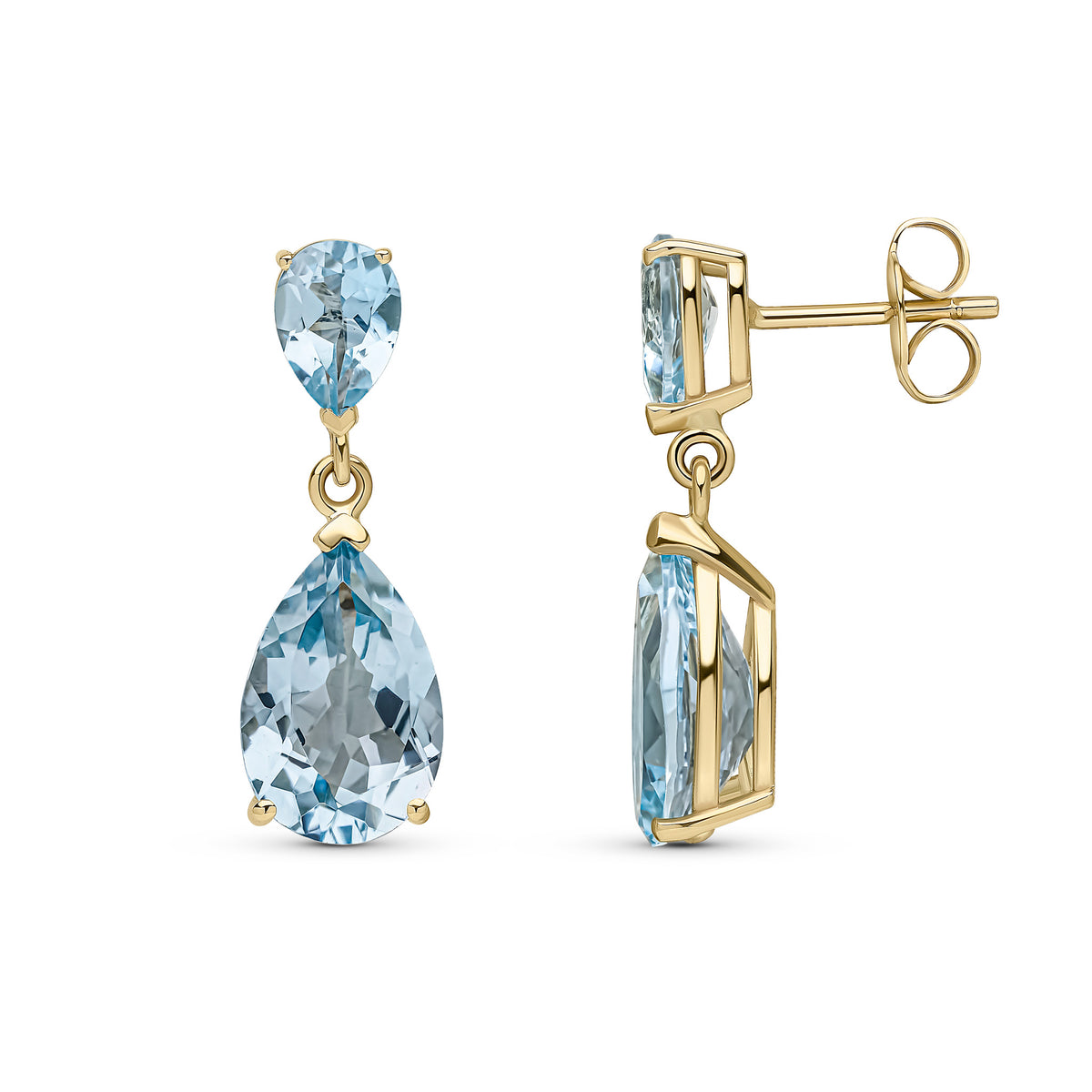 9CT YG PEARSHAPE SWISS BLUE TOPAZ CLAW SET 2ST DROP EARRINGS