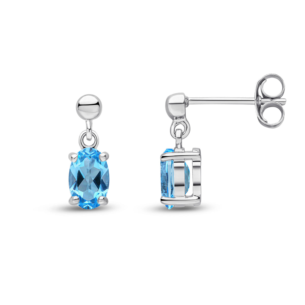 9CT WG 6X4 OVAL SWISS BLUE TOPAZ CLAW SET DROP EARRINGS WITH BEAD TOP