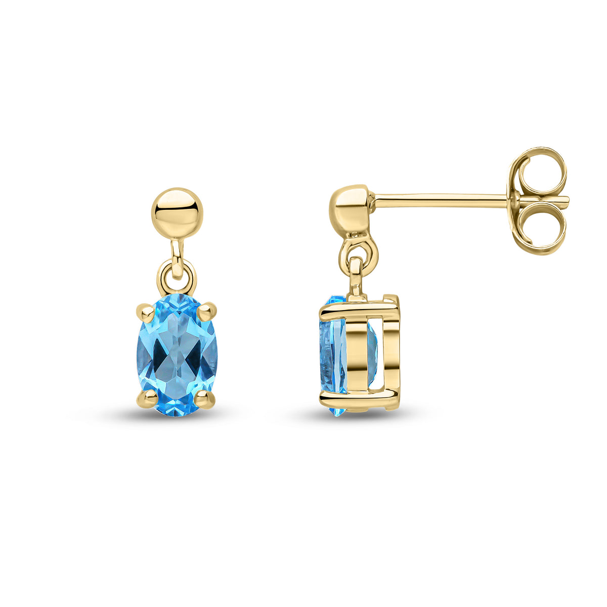 9CT YG 6X4 OVAL SWISS BLUE TOPAZ CLAW SET DROP EARRINGS WITH BEAD TOP
