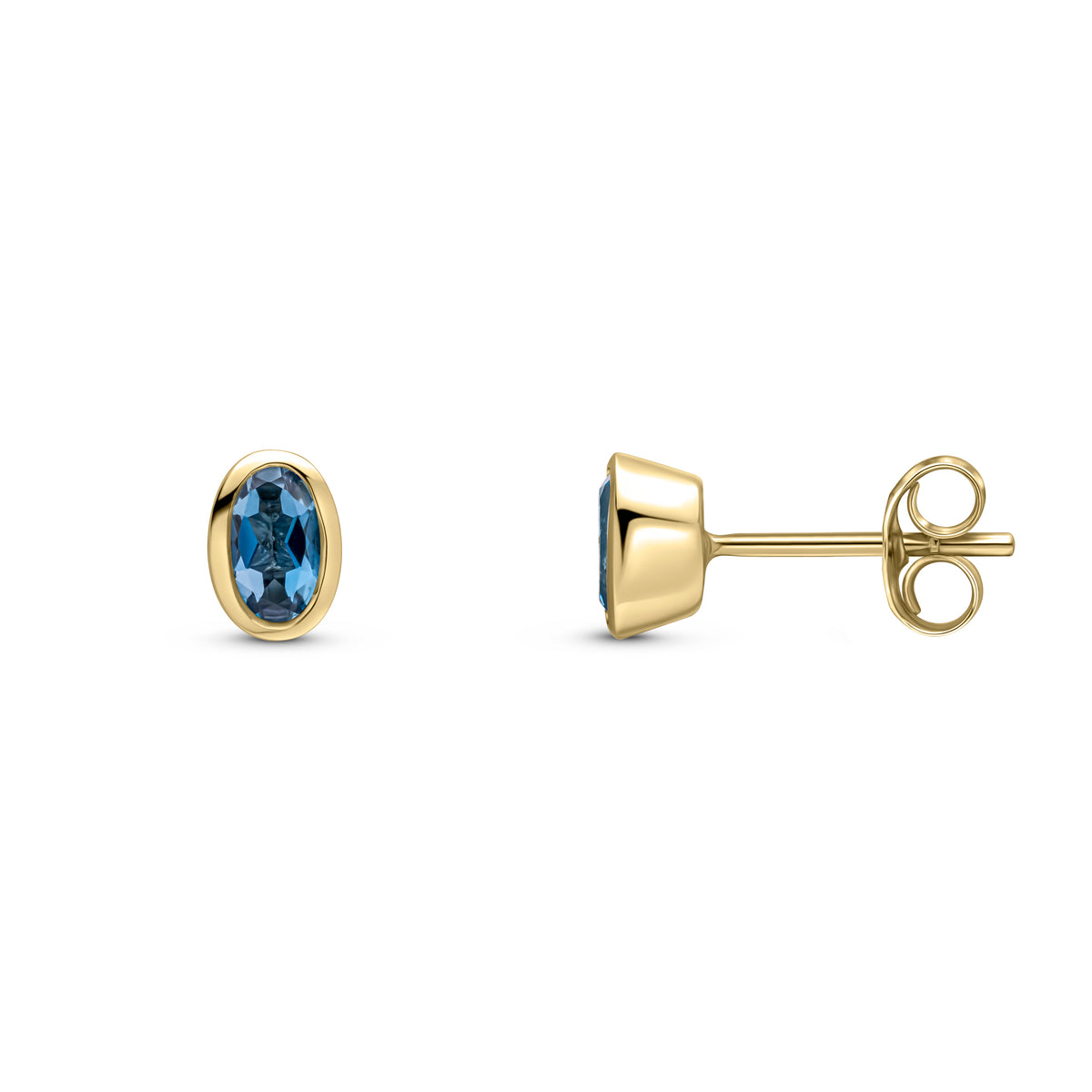 9CT YG 5X3MM OVAL LONDON BLUE TOPAZ RUBOVER STUD EARRINGS
