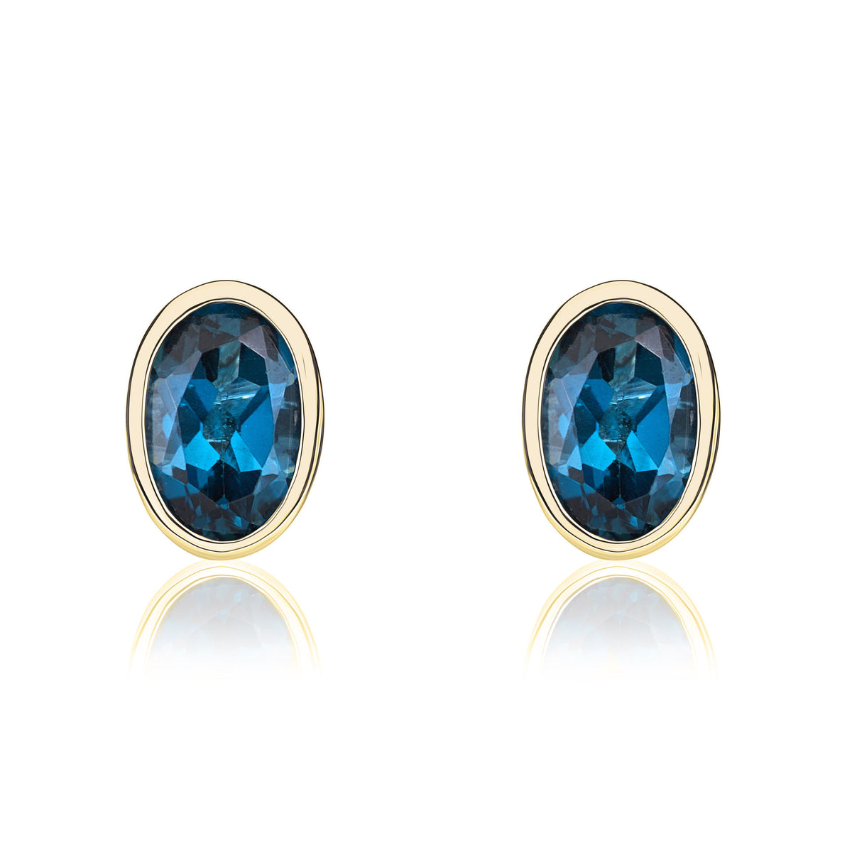 9CT YG 6X4 OVAL LONDON BLUE TOPAZ RUBOVER STUD EARRINGS