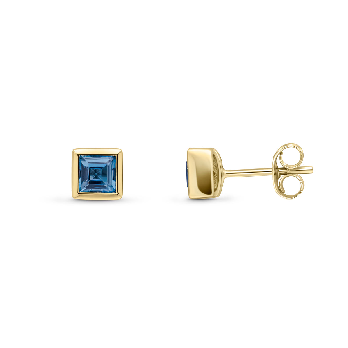 9CT YG 4MM SQUARE LONDON BLUE TOPAZ RUBOVER SET EARRINGS