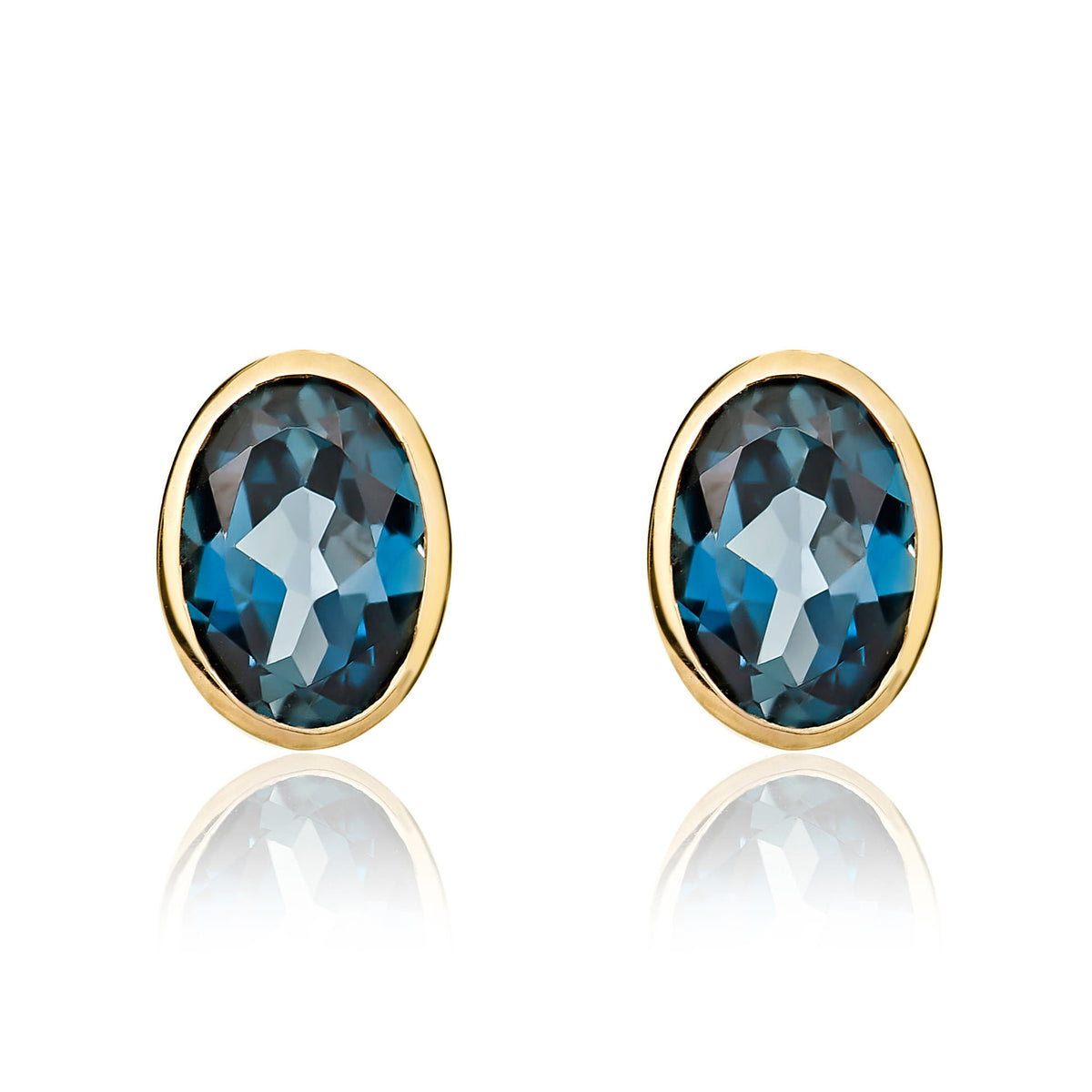 9CT YG 7X5 OVAL LONDON BLUE TOPAZ RUBOVER EARRINGS
