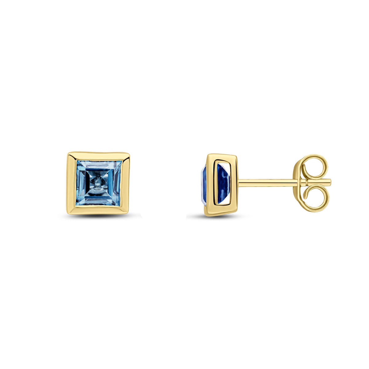 9CT YG 5MM SQUARE LONDON BLUE TOPAZ RUBOVER SET EARRINGS