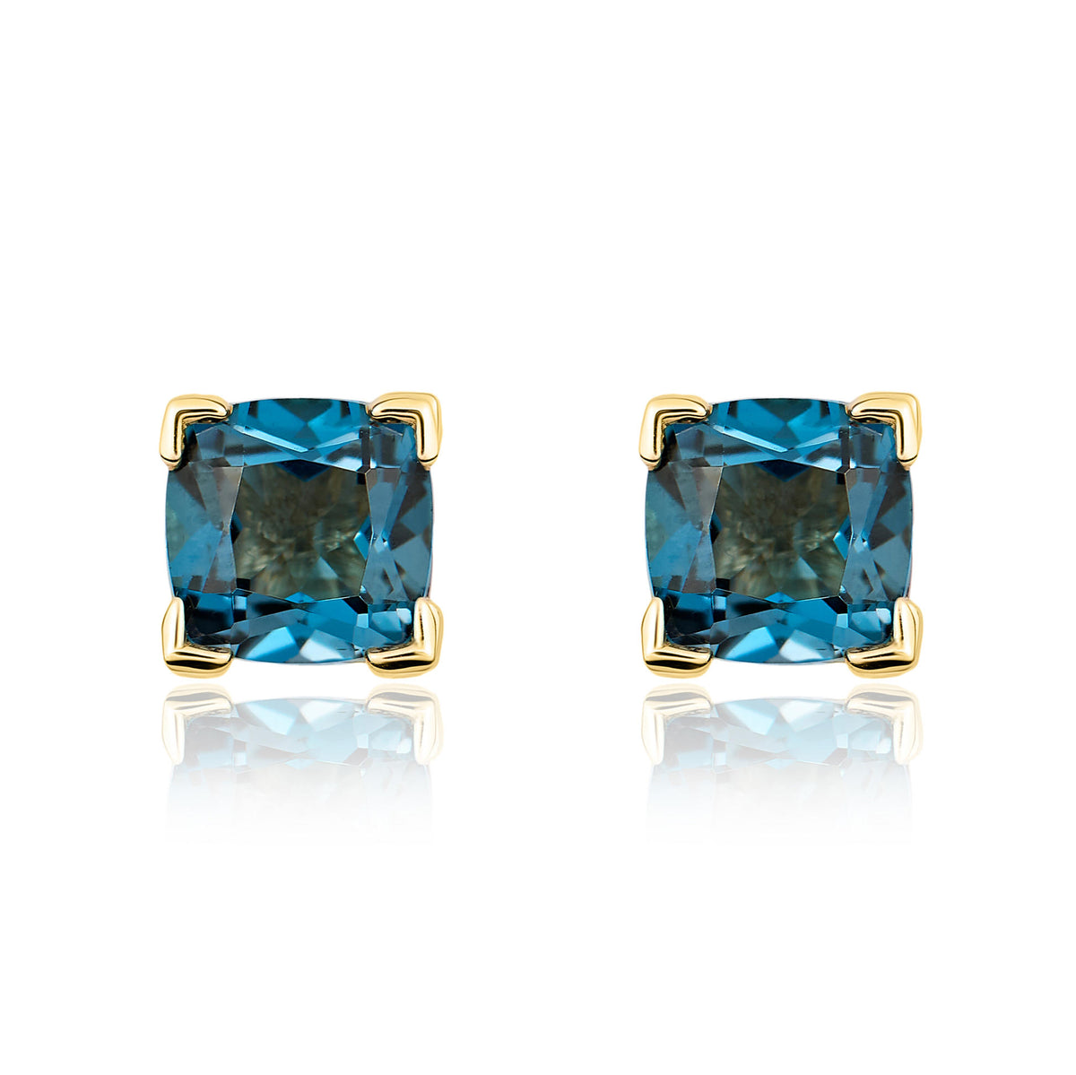 9CT YG 6MM CUSHION LONDON BLUE TOPAZ CLAW SET EARRINGS