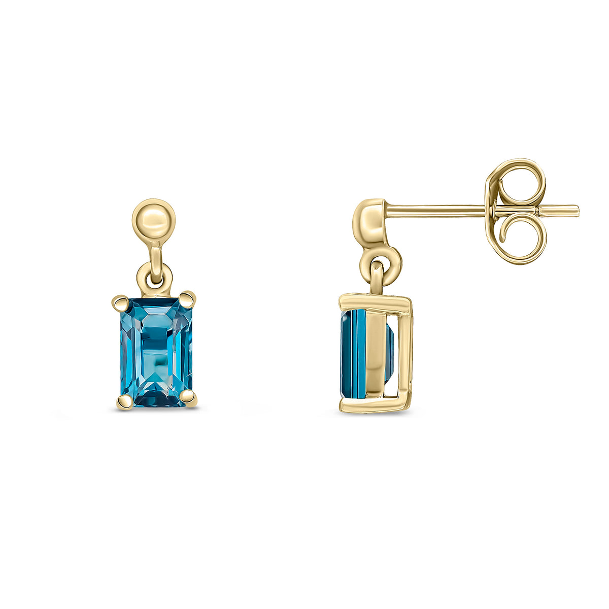 9CT YG 6X4 OCTAGON LONDON BLUE TOPAZ CLAW SET DROP EARRINGS WITH BEAD TOP