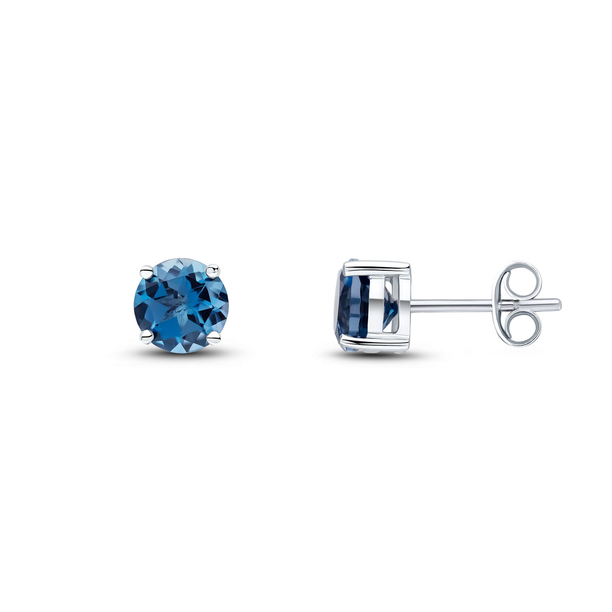 9CT WG 6MM ROUND LONDON BLUE TOPAZ 4 CLAW STUD EARRINGS
