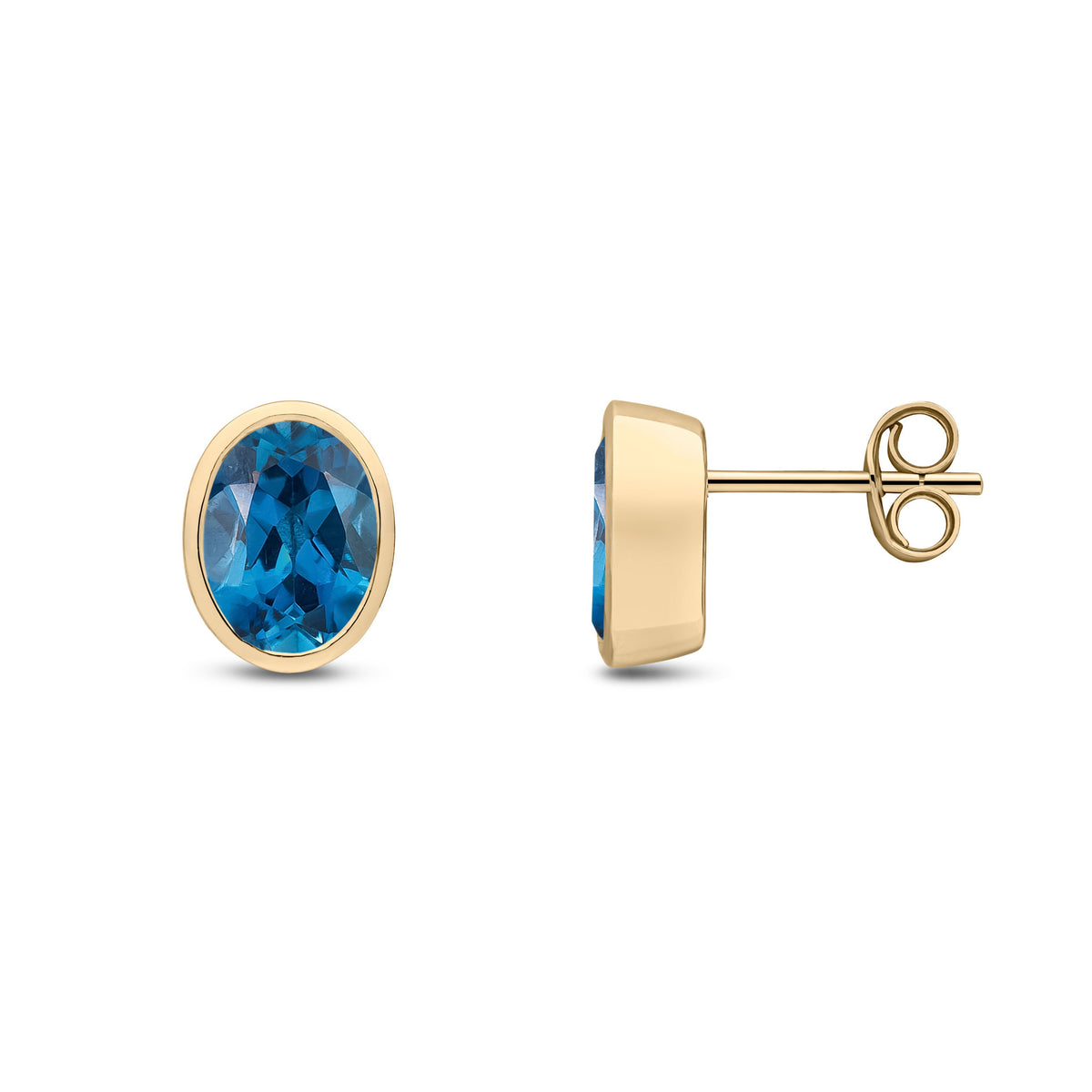 9CT YG 8X6 OVAL LONDON BLUE TOPAZ RUBOVER EARRINGS