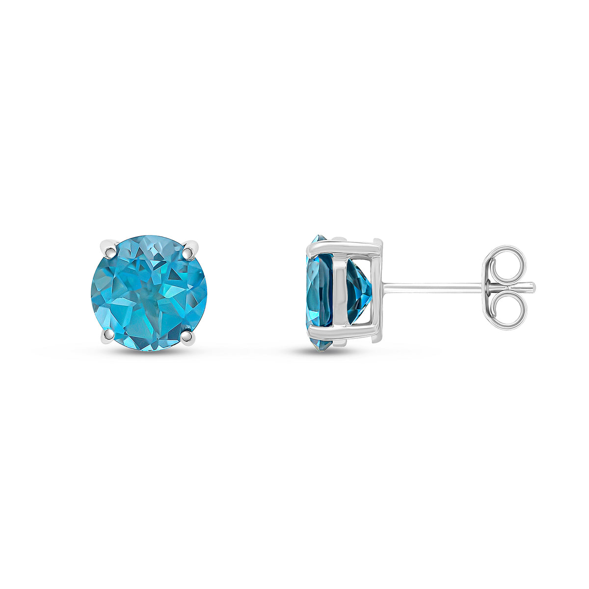 9CT WG 8MM ROUND LONDON BLUE TOPAZ CLAW SET EARRINGS