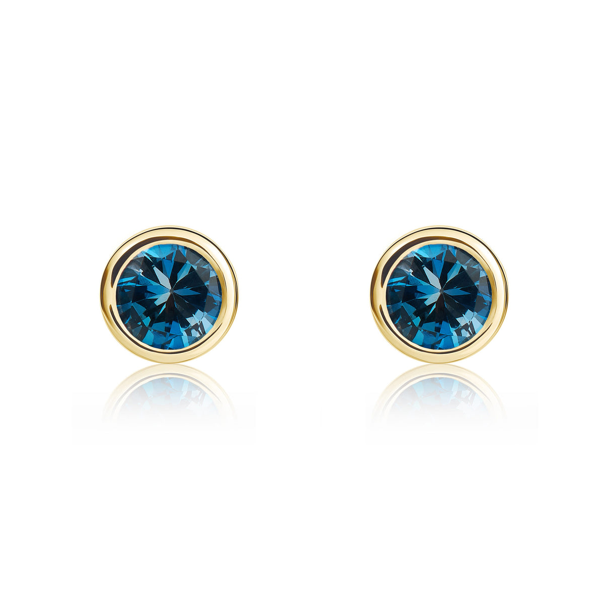 9CT YG 4MM ROUND LONDON BLUE TOPAZ RUBOVER STUD EARRINGS