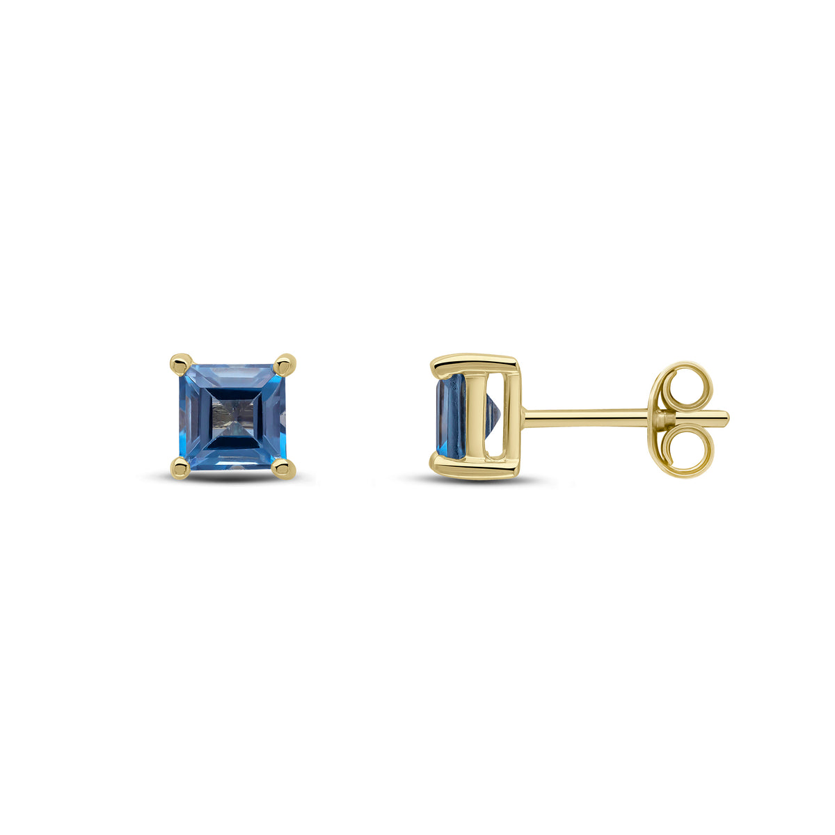 9CT YG 5MM SQUARE LONDON BLUE TOPAZ CLAW SET EARRINGS