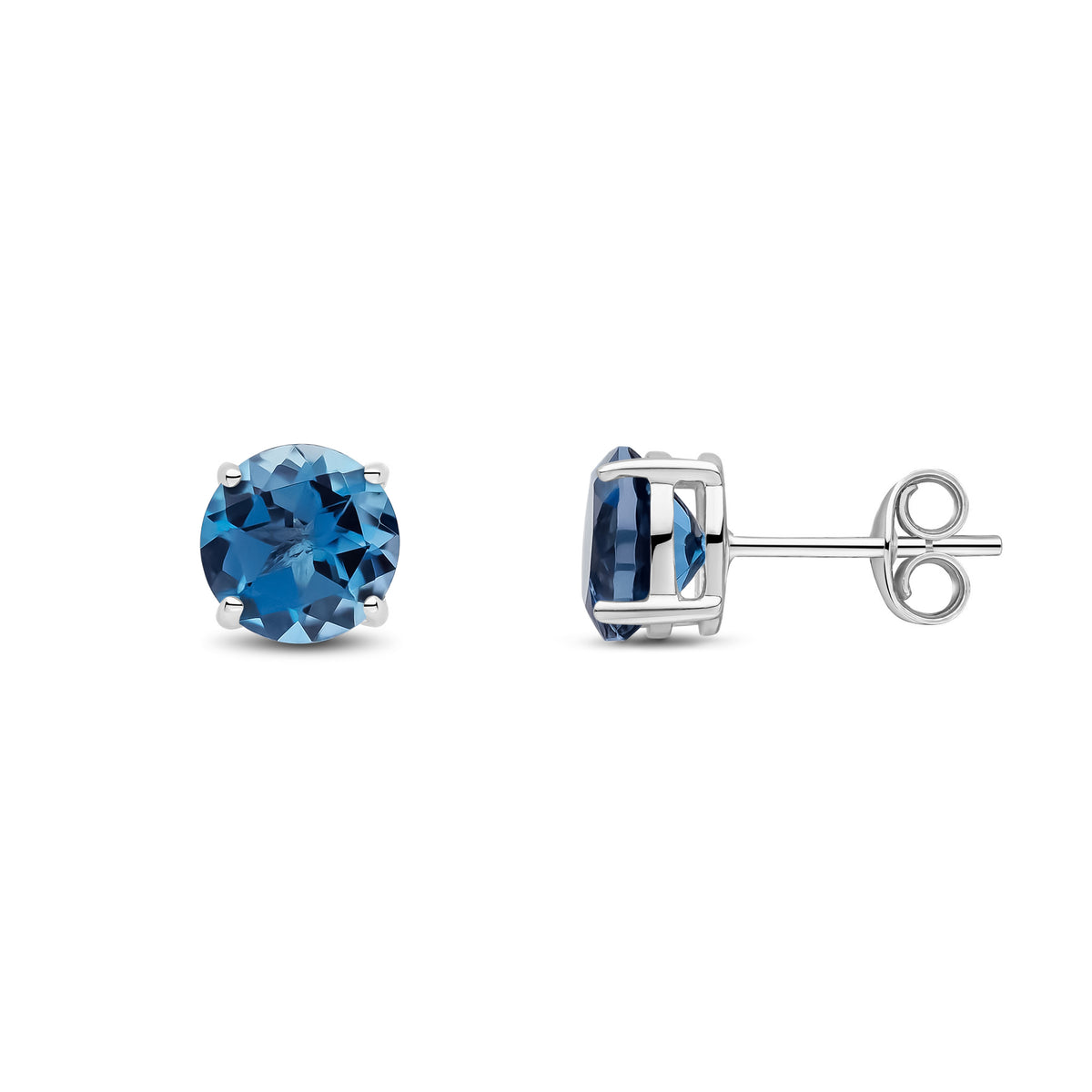 9CT WG 7MM ROUND LONDON BLUE TOPAZ CLAW SET EARRINGS