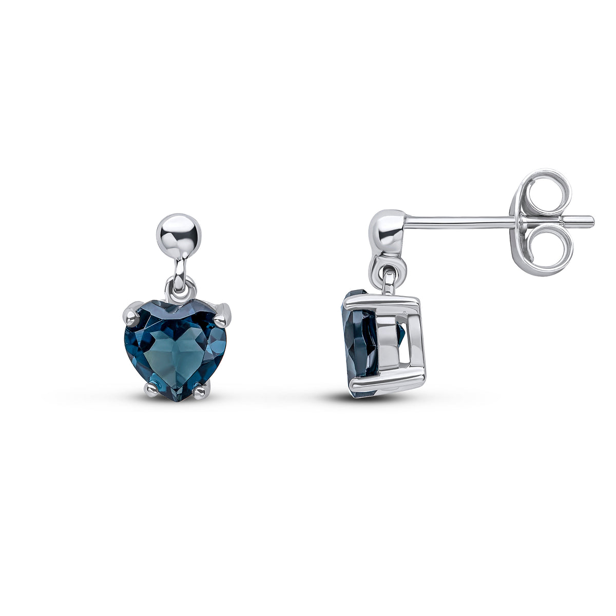 9CT WG 6MM HEART-SHAPE LONDON BLUE TOPAZ CLAW SET DROP EARRINGS WITH 3MM BEAD TOP