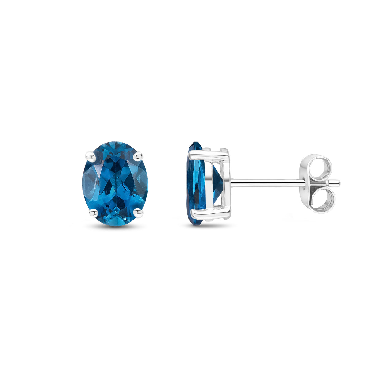 9CT WG 8X6 OVAL LONDON BLUE TOPAZ CLAW SET EARRINGS