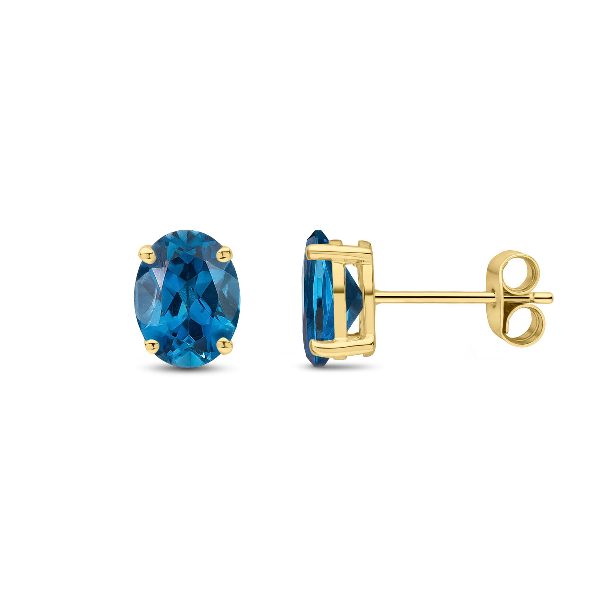9CT YG 8X6 OVAL LONDON BLUE TOPAZ CLAW SET EARRINGS