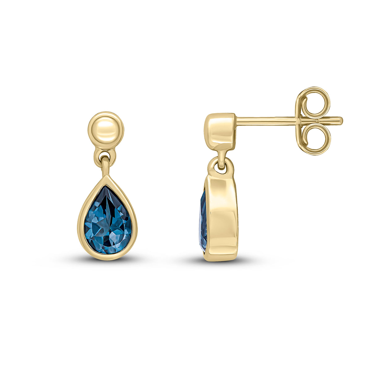 9CT YG 6X4 PEARSHAPE LONDON BLUE TOPAZ RUBOVER DROP EARRINGS WITH 3MM BEAD TOP