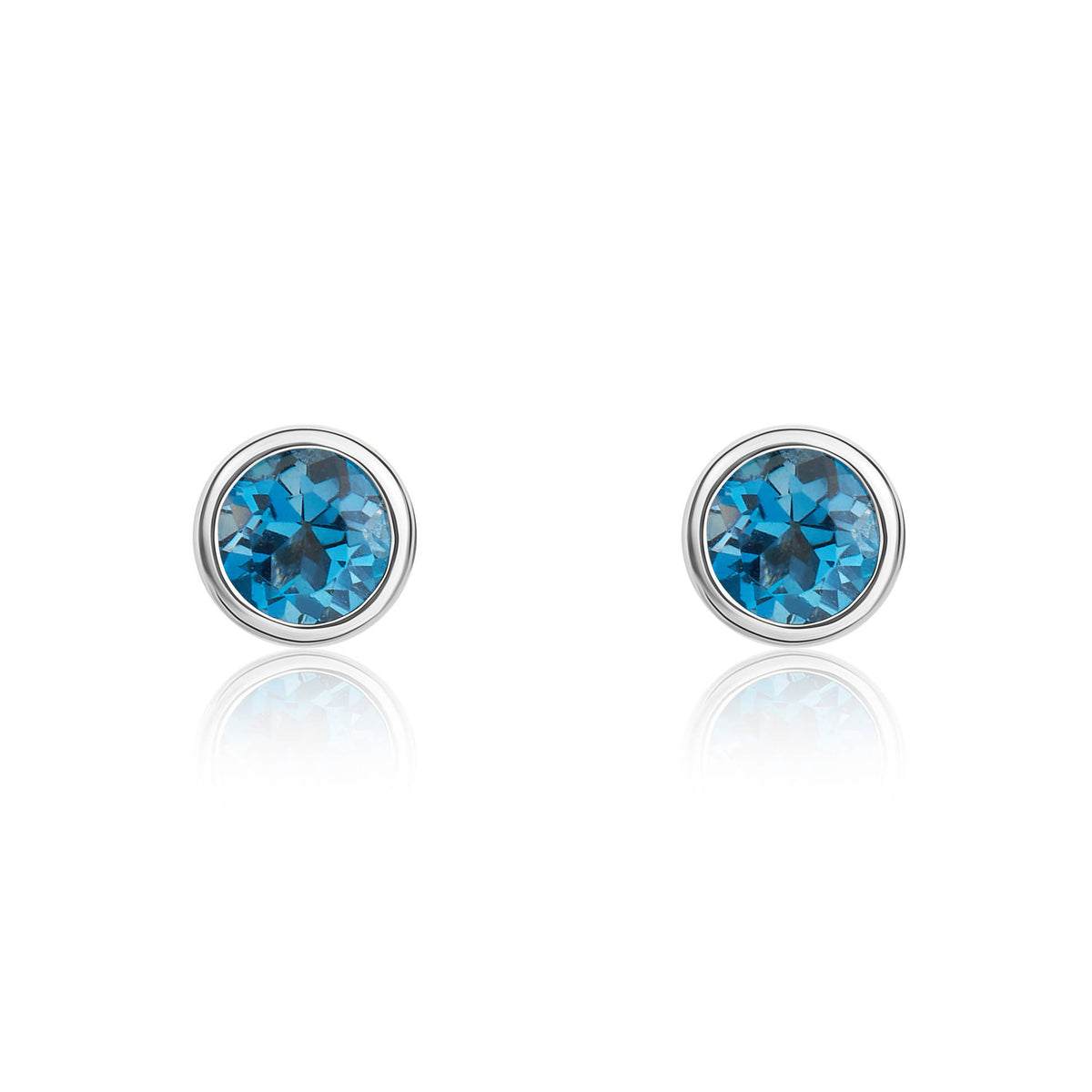 9CT WG 3MM ROUND LONDON BLUE TOPAZ RUBOVER STUD EARRINGS