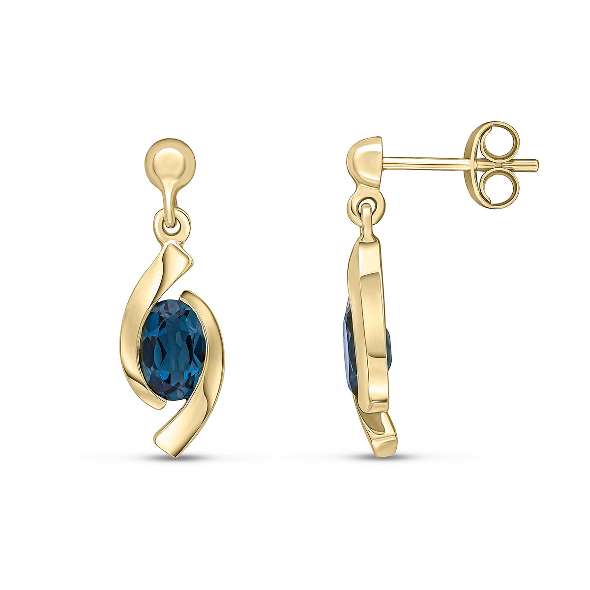 9CT YG OVAL LONDON BLUE TOPAZ 'EYE' DROP EARRINGS WITH 3MM BEAD TOP