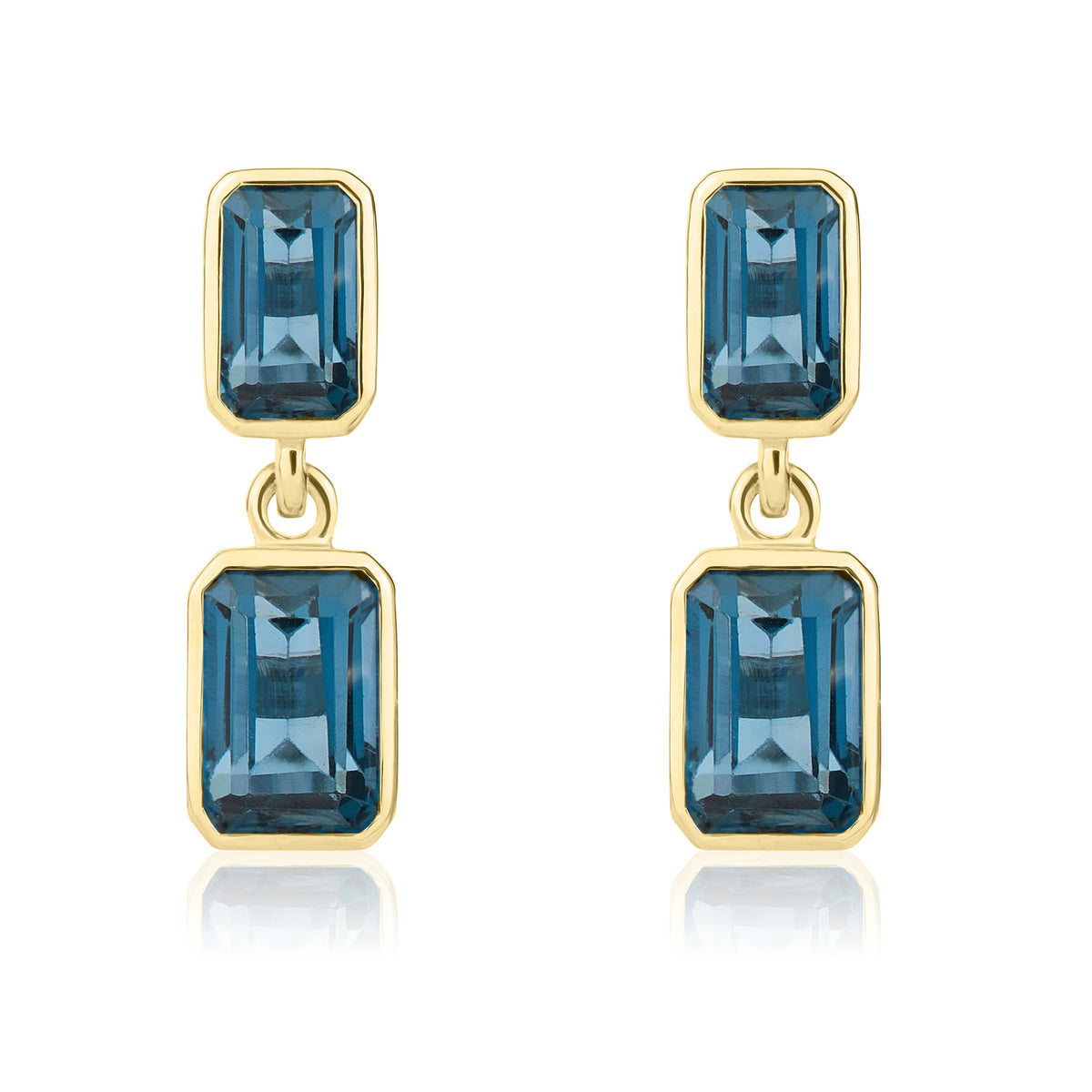 9CT YG OCTAGON LONDON BLUE TOPAZ RUBOVER 2ST DROP EARRINGS