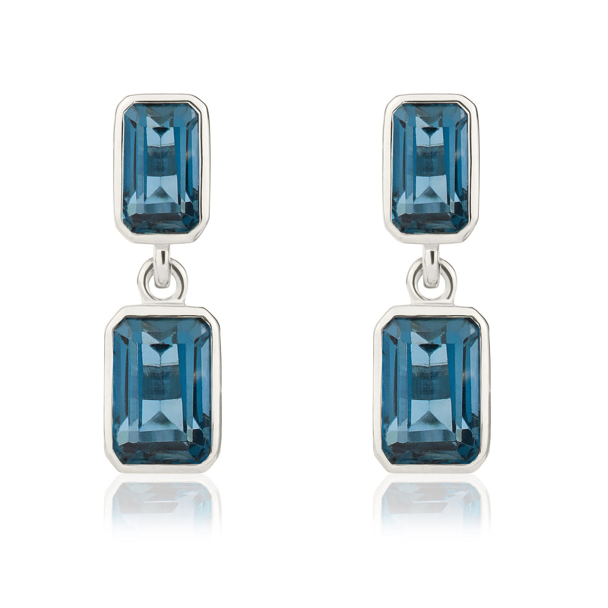 9CT WG OCTAGON LONDON BLUE TOPAZ RUBOVER 2ST DROP EARRINGS