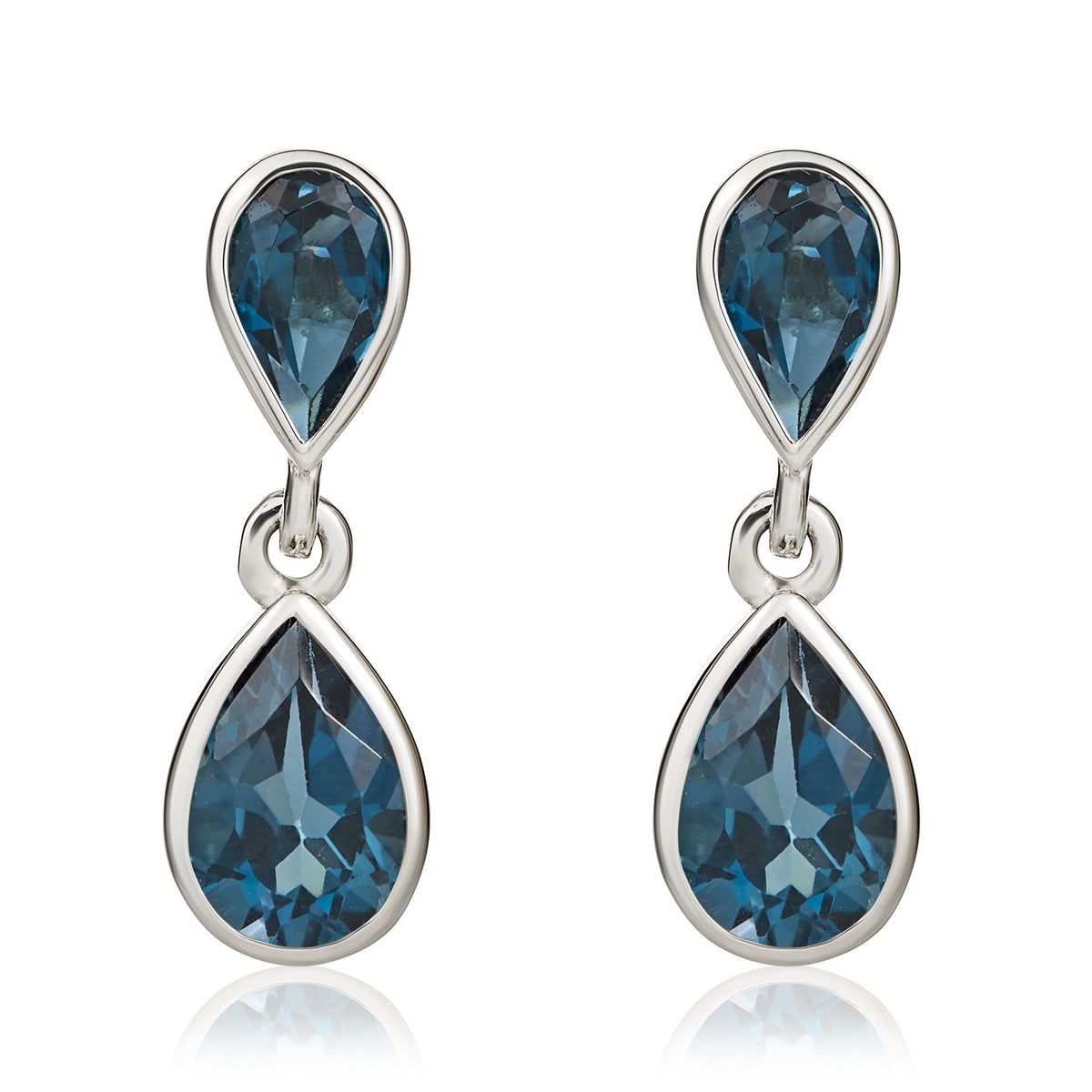 9CT WG PEARSHAPE LONDON BLUE TOPAZ RUBOVER 2ST DROP EARRINGS