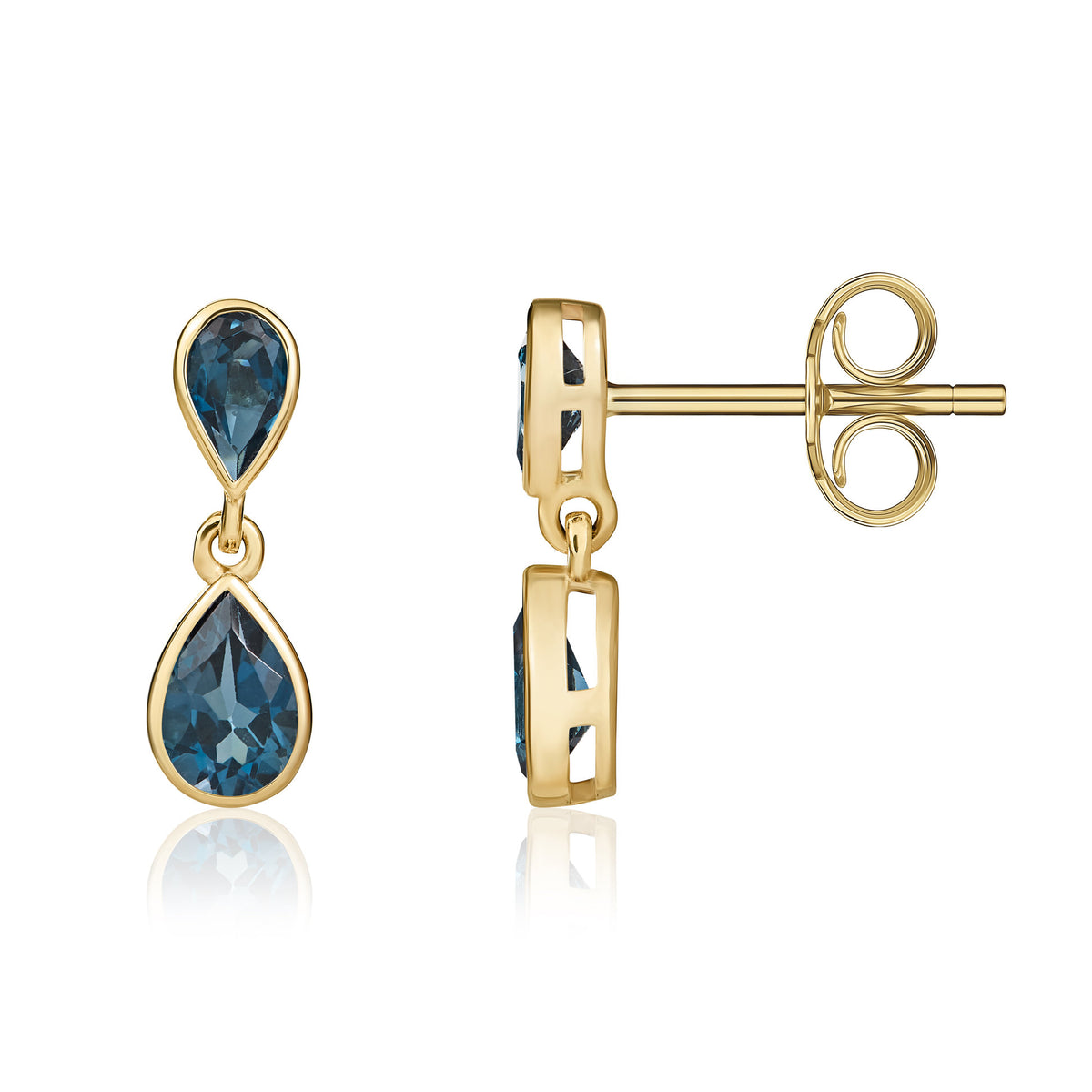 9CT YG PEARSHAPE LONDON BLUE TOPAZ RUBOVER 2ST DROP EARRINGS