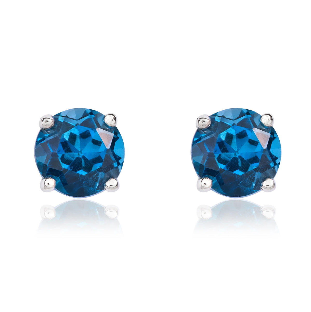 9CT WG 5MM ROUND LONDON BLUE TOPAZ CLAW SET STUD EARRINGS