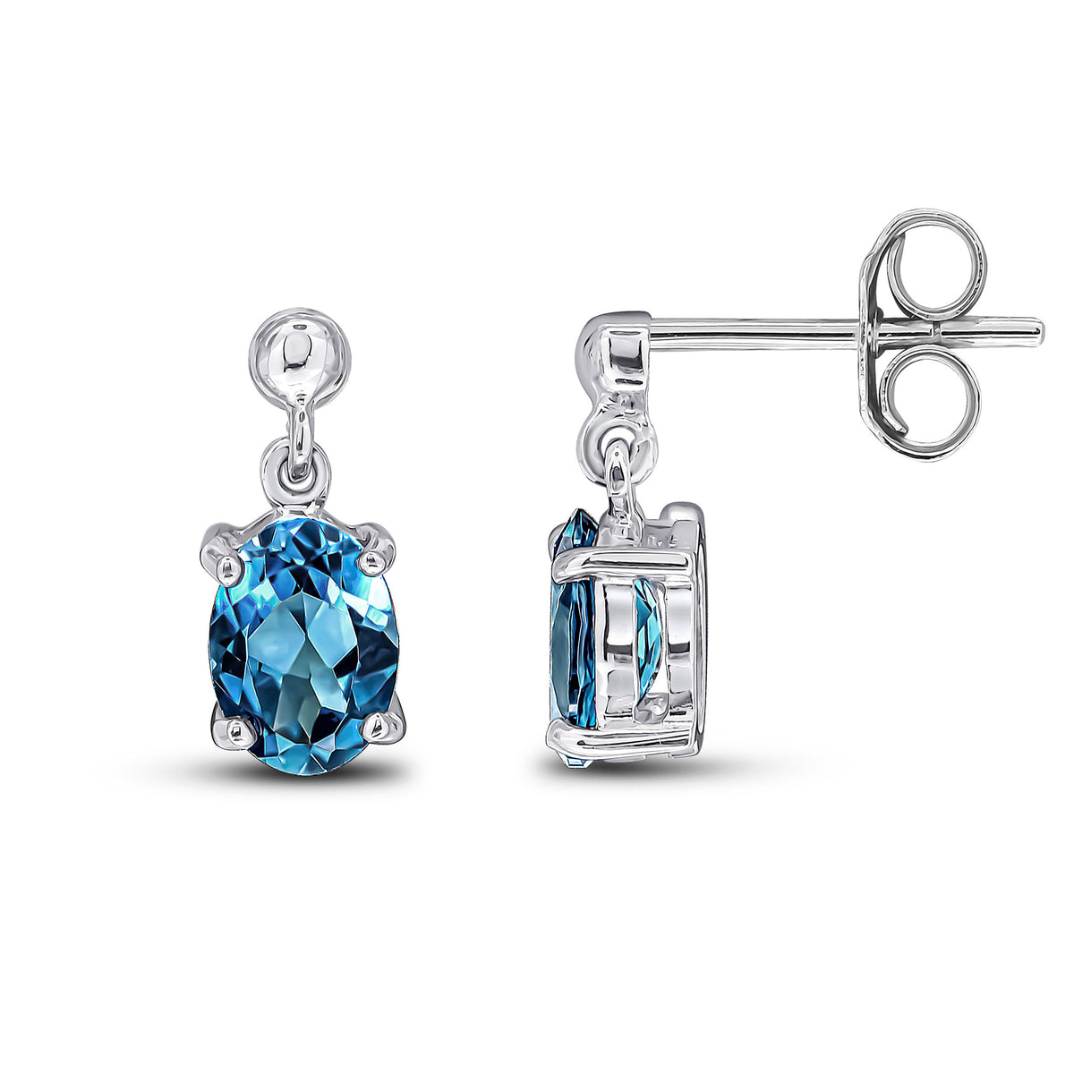 9CT WG OVAL 7X5MM LONDON BLUE TOPAZ CLAW DROP EARRINGS WITH BEAD TOP