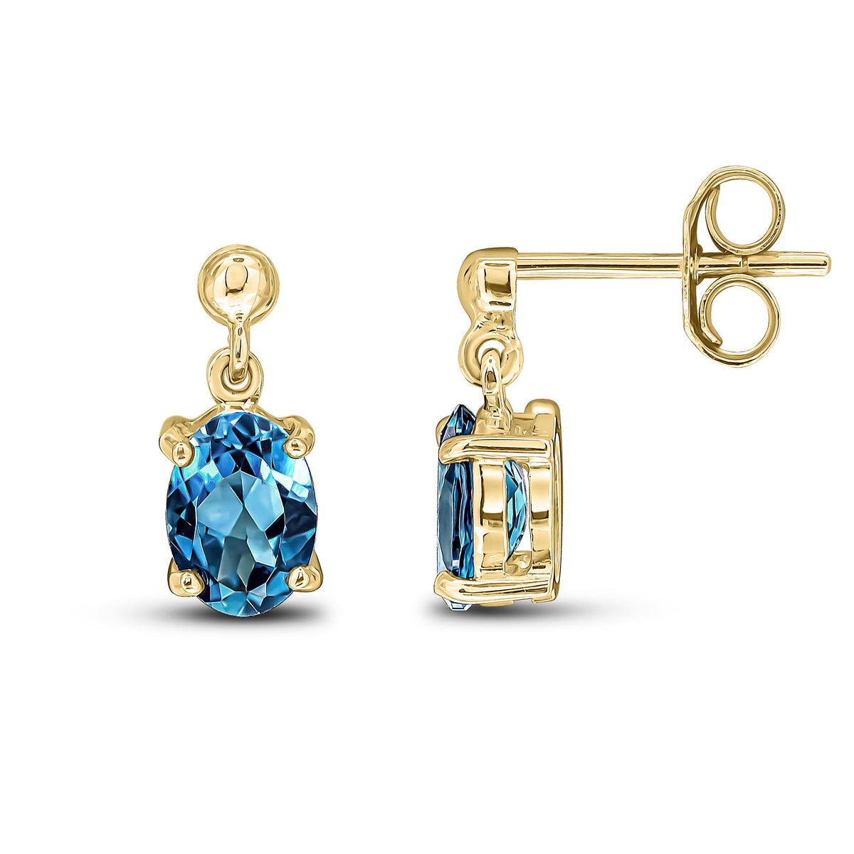 9CT YG OVAL 7X5MM LONDON BLUE TOPAZ CLAW DROP EARRINGS WITH BEAD TOP
