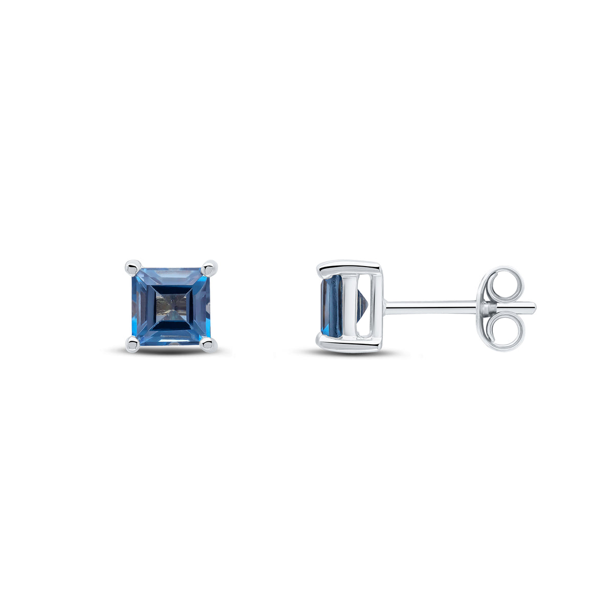 9CT WG 5MM SQUARE LONDON BLUE TOPAZ CLAW SET EARRINGS
