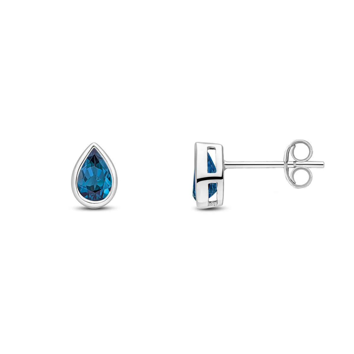 9CT WG 6X4 PEARSHAPE LONDON BLUE TOPAZ RUBOVER SET EARRINGS