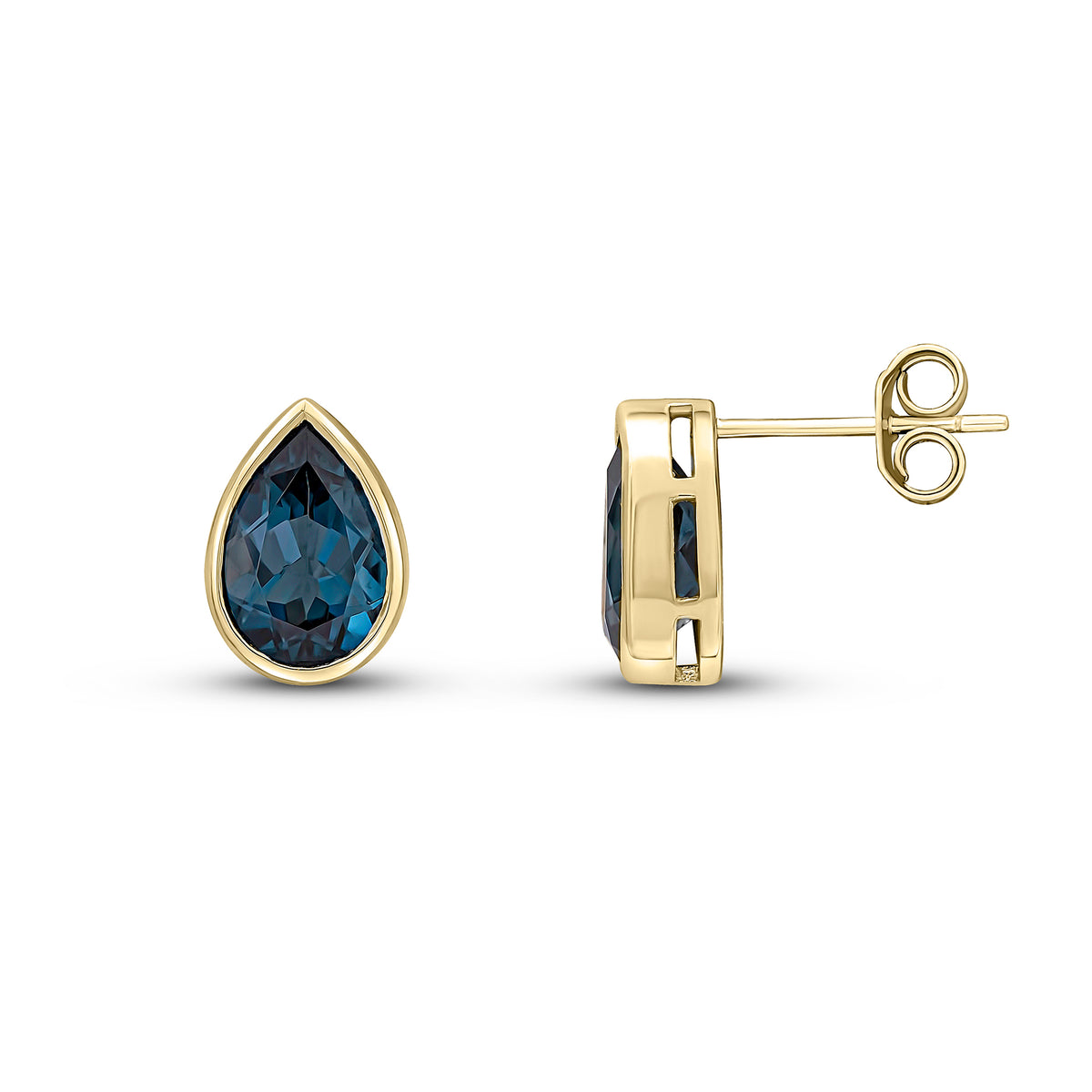 9CT YG 9X6 PEARSHAPE LONDON BLUE TOPAZ RUBOVER EARRINGS