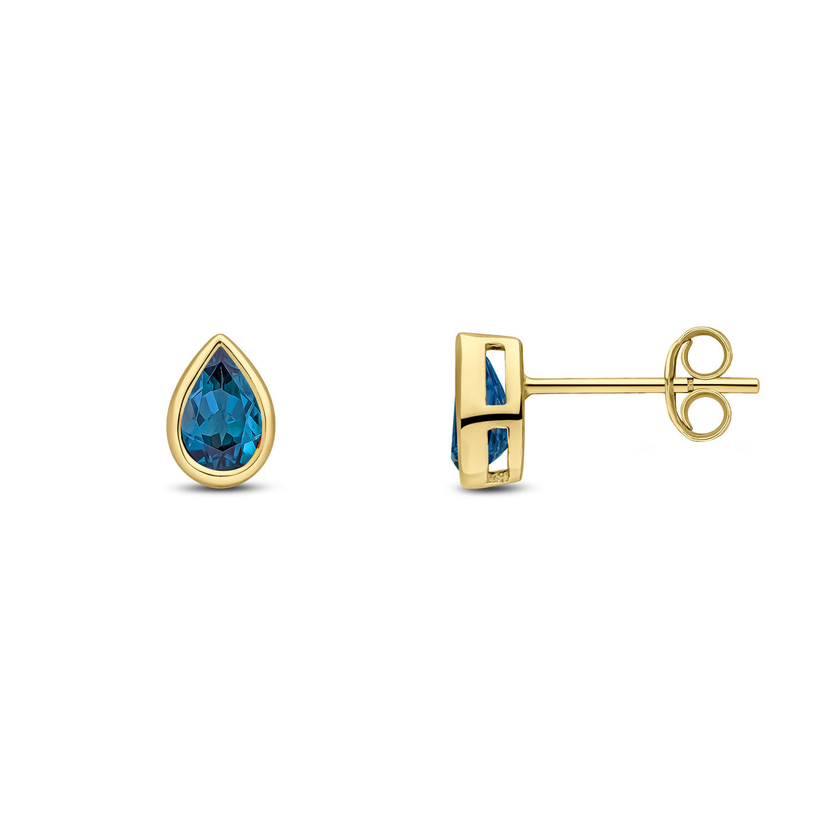 9CT YG 6X4 PEARSHAPE LONDON BLUE TOPAZ RUBOVER SET EARRINGS