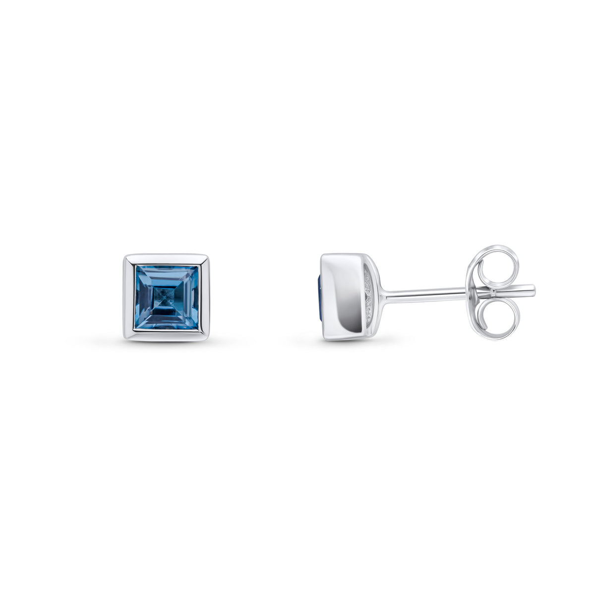 9CT WG 4MM SQUARE LONDON BLUE TOPAZ RUBOVER SET EARRINGS