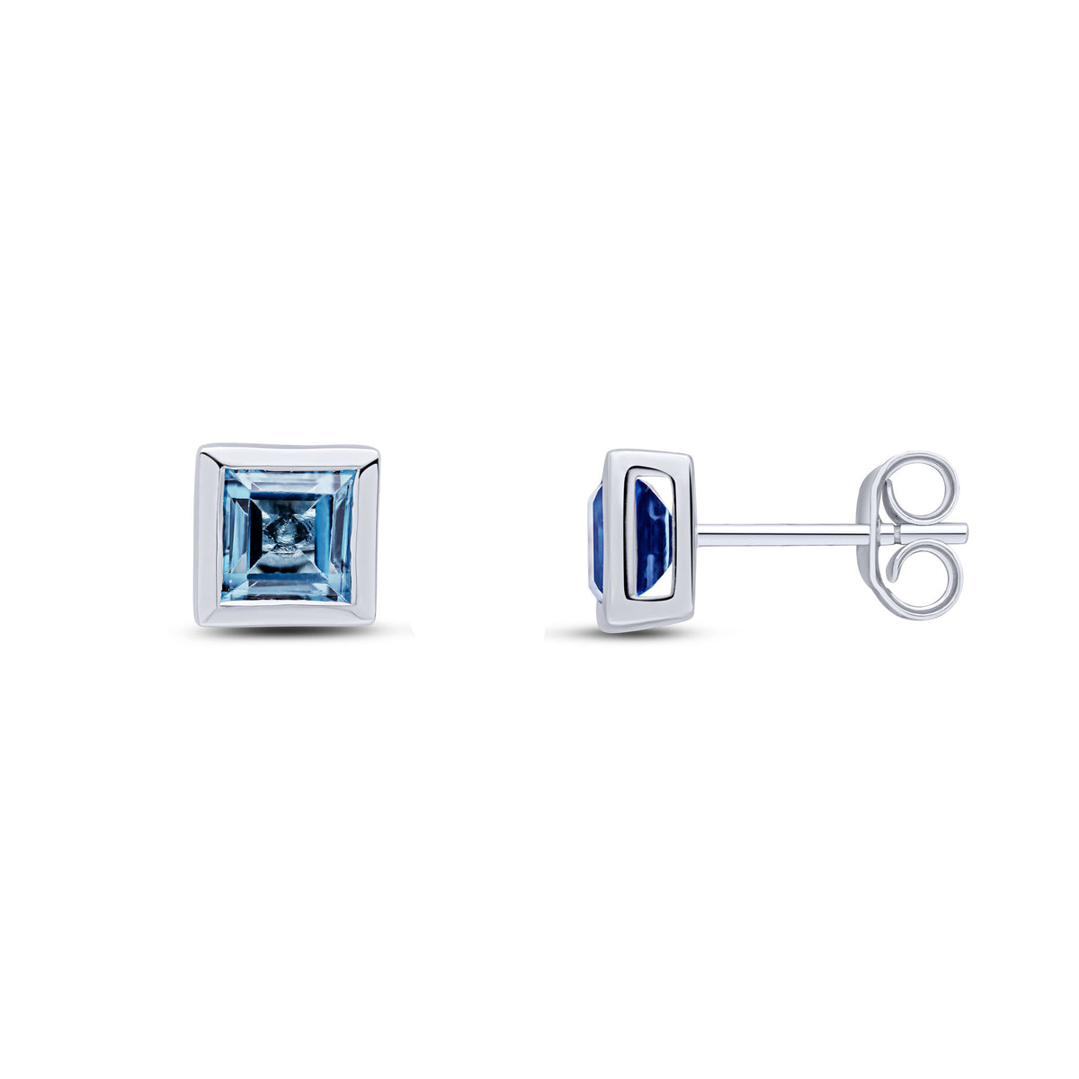 9CT WG 5MM SQUARE LONDON BLUE TOPAZ RUBOVER SET EARRINGS