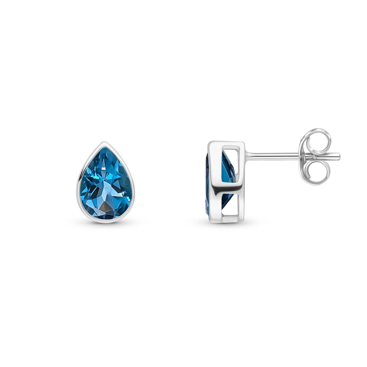 9CT WG 7X5 PEARSHAPE LONDON BLUE TOPAZ RUBOVER SET EARRINGS