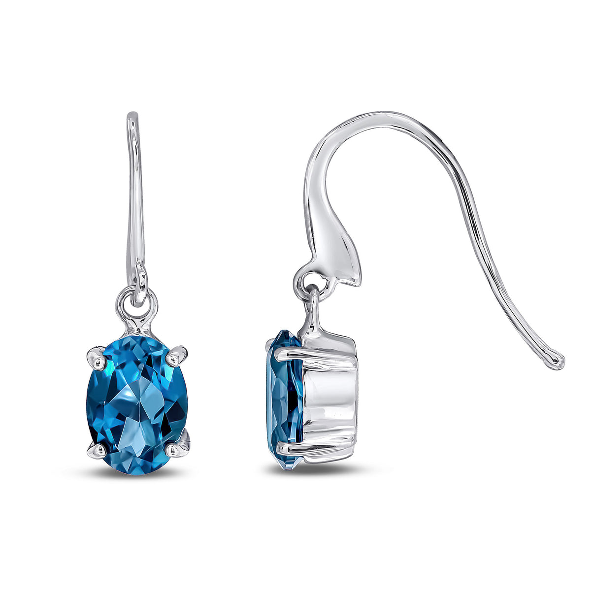9CT WG 7X5 OVAL LONDON BLUE TOPAZ CLAW SET DROP EARRINGS WITH HOOK WIRE FITTING