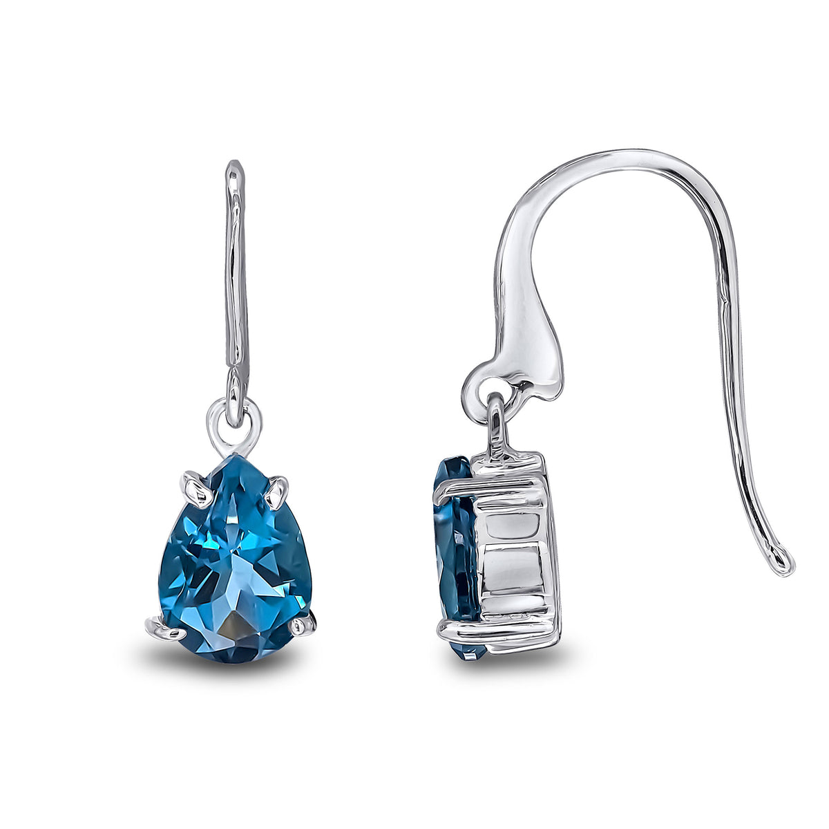 9CT WG 7X5MM PEARSHAPE LONDON BLUE TOPAZ CLAW SET WIRE HOOK DROP EARRINGS