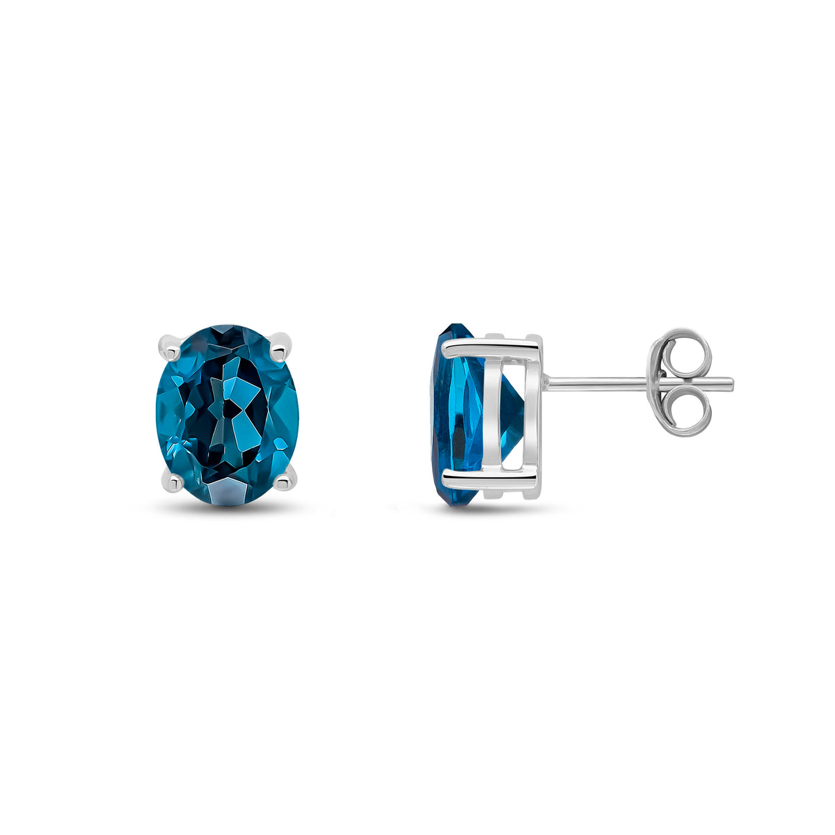 9CT WG 9X7 OVAL LONDON BLUE TOPAZ CLAW EARRINGS