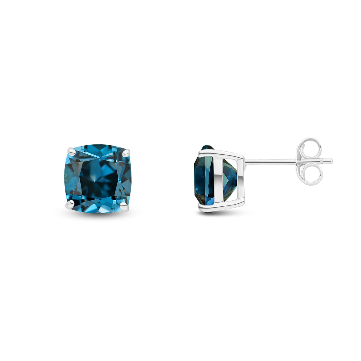 9CT WG 8MM CUSHION LONDON BLUE TOPAZ CLAW SET EARRINGS