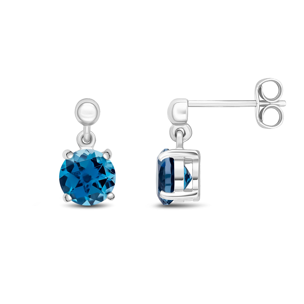 9CT WG 6MM ROUND LONDON BLUE TOPAZ CLAW SET DROP EARRINGS WITH BEAD TOP