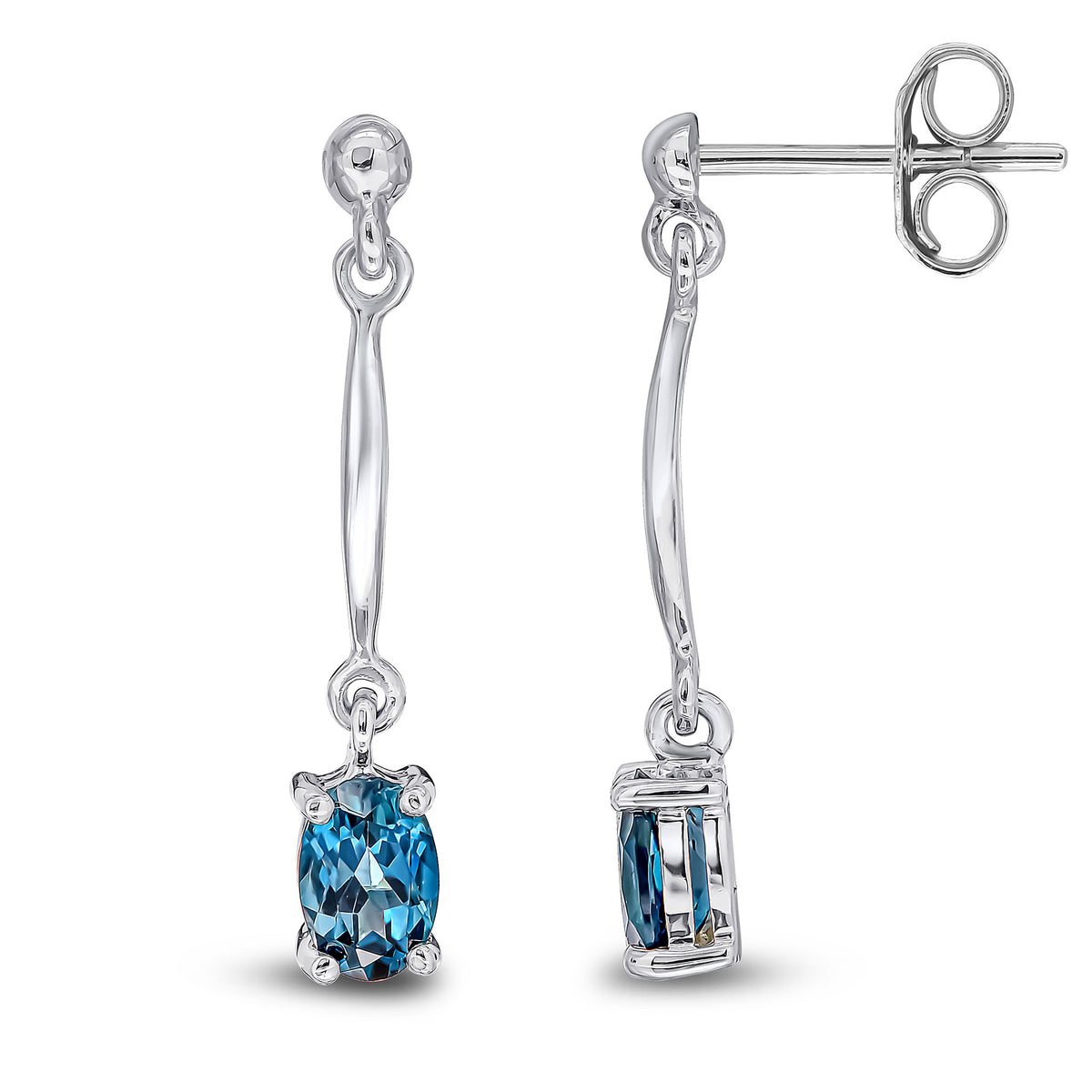 9CT WG CLAW SET 6X4MM OVAL LONDON BLUE TOPAZ AND BAR DROP EARRINGS
