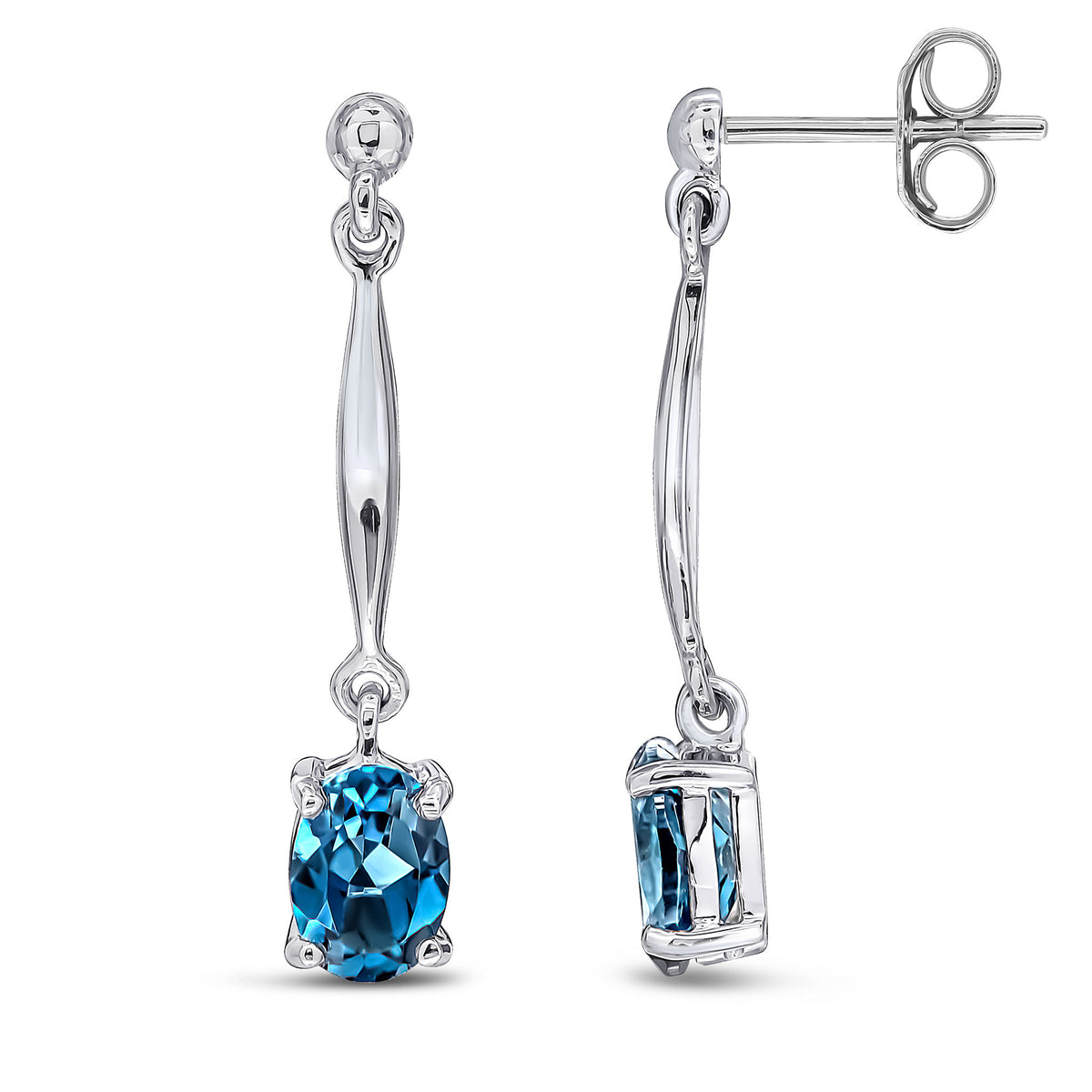 9CT WG 7X5MM OVAL LONDON BLUE TOPAZ AND BAR DROP EARRINGS WITH BEAD TOP