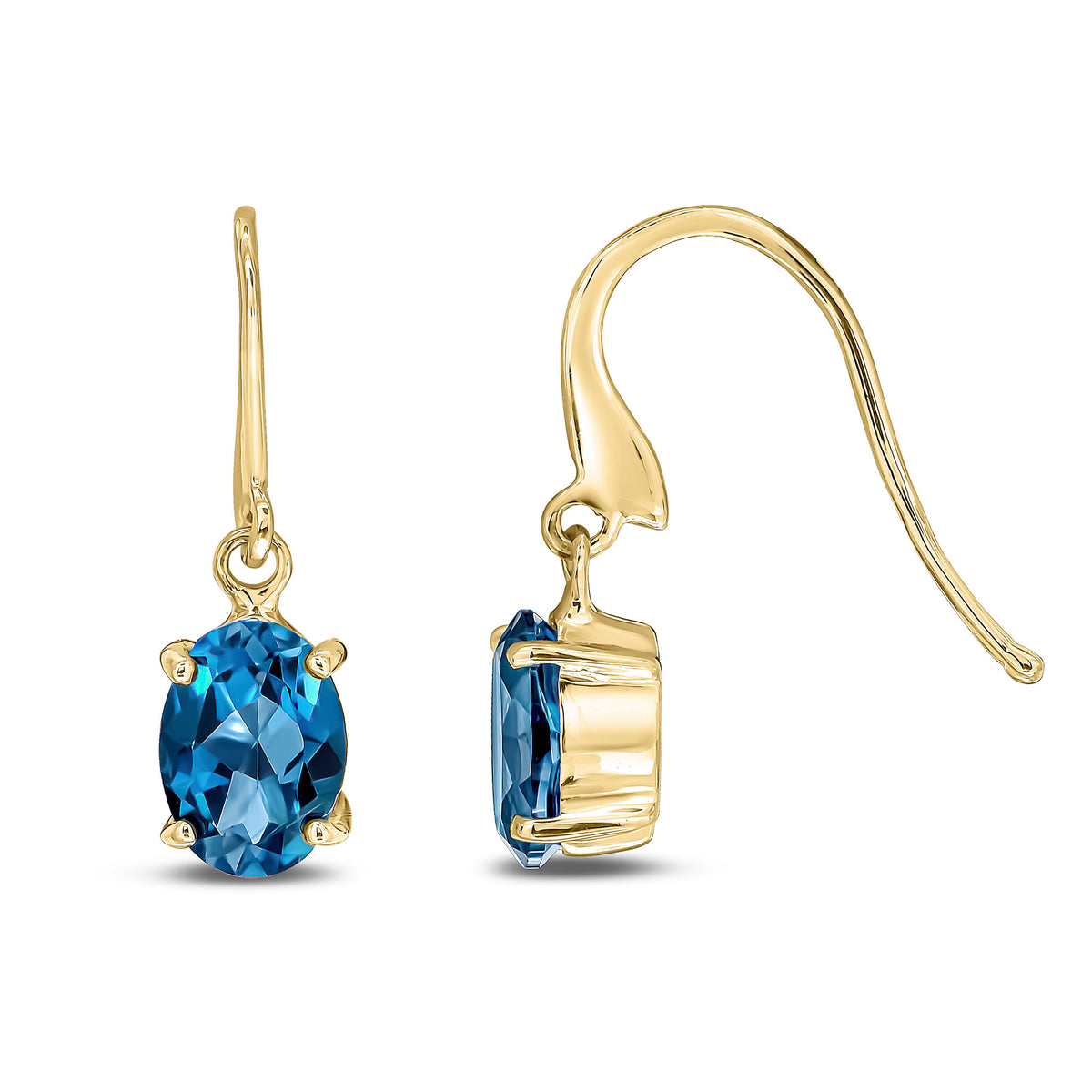 9CT YG 7X5 OVAL LONDON BLUE TOPAZ CLAW SET DROP EARRINGS WITH HOOK WIRE FITTING