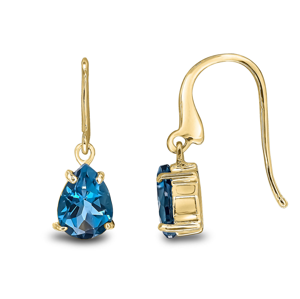 9CT YG 7X5MM PEARSHAPE LONDON BLUE TOPAZ CLAW SET WIRE HOOK DROP EARRINGS