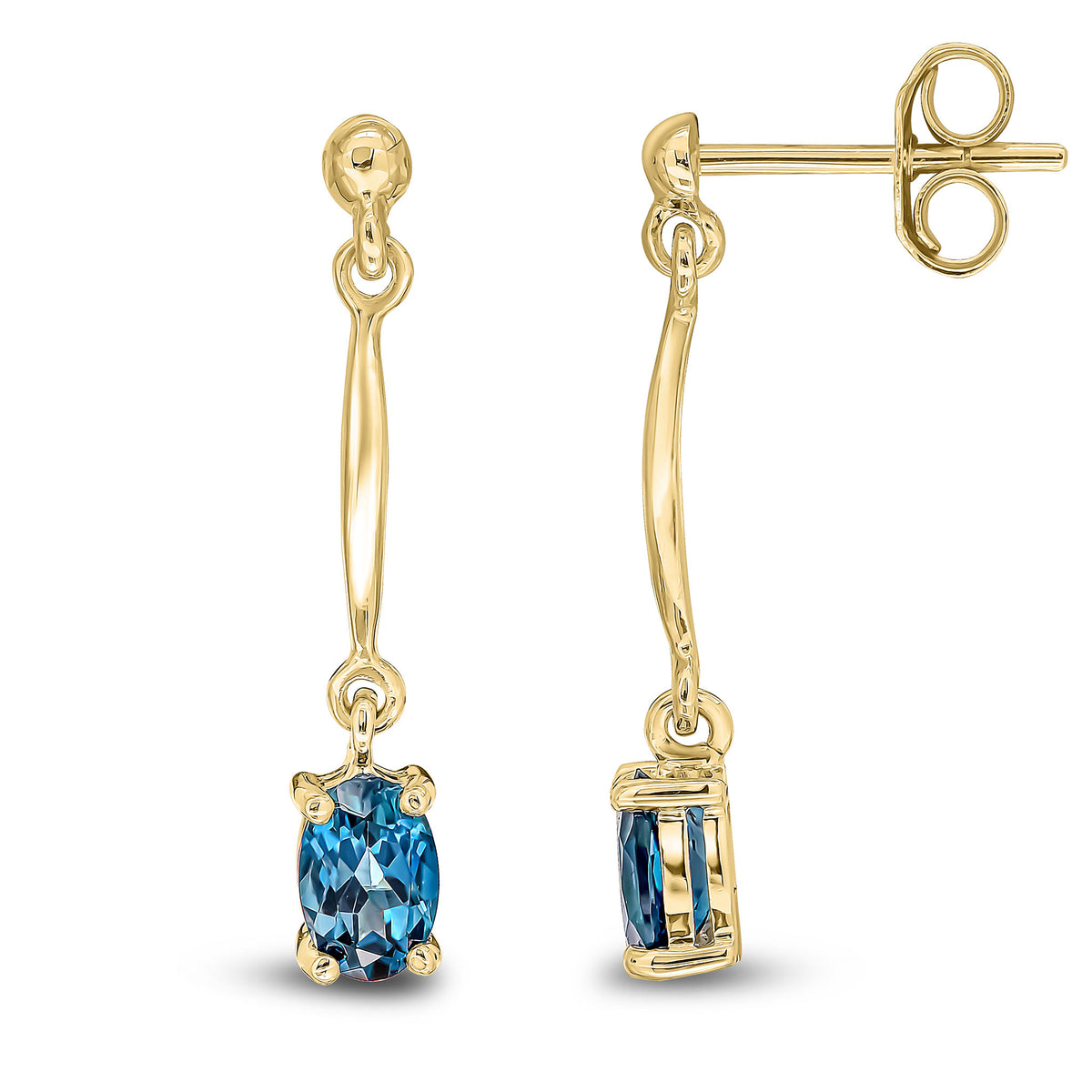 9CT YG CLAW SET 6X4MM OVAL LONDON BLUE TOPAZ AND BAR DROP EARRINGS